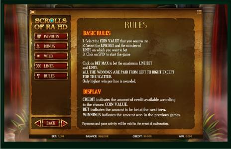 Scrolls of Ra Slot Machine Basic Rules Screen