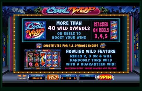 Cool Wolf Slot Machine Wild Symbols and Howling Wild Feature Screen