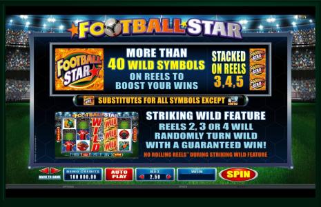 Football Star Slot Machine Wild Symbols and Striking Wild Feature Screen