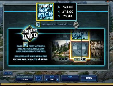 Untamed Wolf Pack Slot Machine Wild Symbols and Paytable Screen