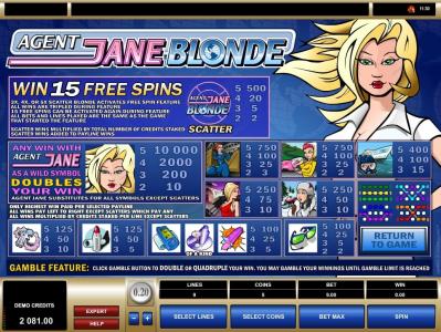 Agent Jane Blonde Slot Machine Paytable Scree