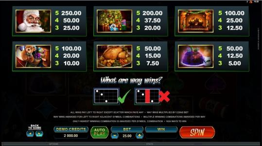 Secret Santa Slot Machine Paytable and Paylines Screen