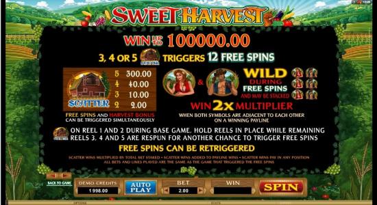 Sweet Harvest Slot Machine Scatter Awards and Wild Symbol Screen