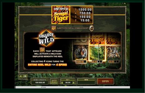 Untamed Bengal Tiger Slot Machine Wild Symbol and Free Spins Screen