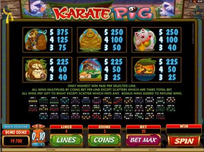 Karate Pig Slot Machine Paytable Screen