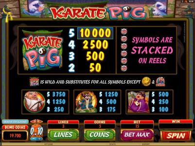 Karate Pig Slot Machine Paytable Screen