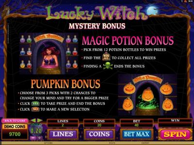 Lucky Witch Slot Machine Magic Potion and Pumpkin Bonus Screen