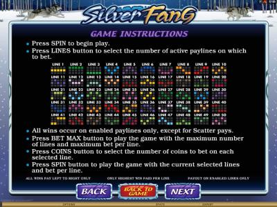Silver Fang Slot Machine Paylines Screen