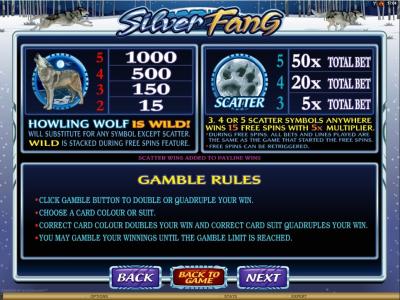 Silver Fang Slot Machine Silver Fang Bonus and Gamble Rules Screen