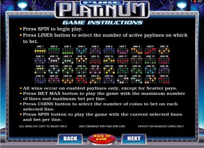 Pure Platinum Slot Machine Paylines Screen