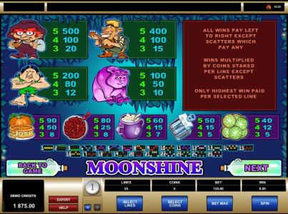 Moonshine Slot Machine Paytable and Paylines Screen