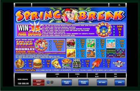 Spring Break Slot Machine Paytable and Paylines Screen