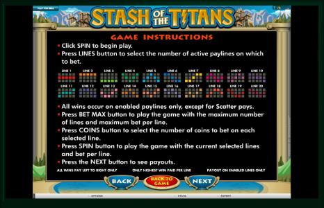 Stash of the Titans Slot Machine Game Instructions Screen