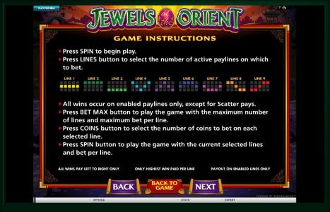 Jewels of the Orient Slot Machine Paylines Screen