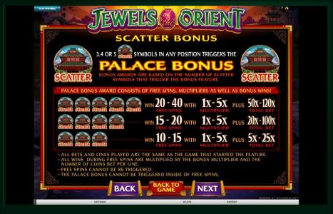 Jewels of the Orient Slot Machine Scatter Awards and Wild Symbol Screen