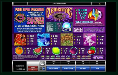 Elementals Slot Machine Paytable and Free Spins Feature Screen