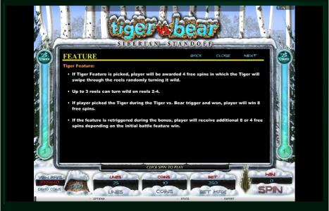 Tiger vs. Bear Slot Machine Feature Information Screen