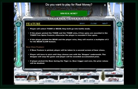 Tiger vs. Bear Slot Machine Feature Information Screen