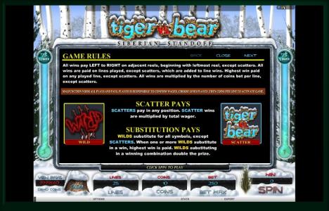 Tiger vs. Bear Slot Machine Game Rules Screen