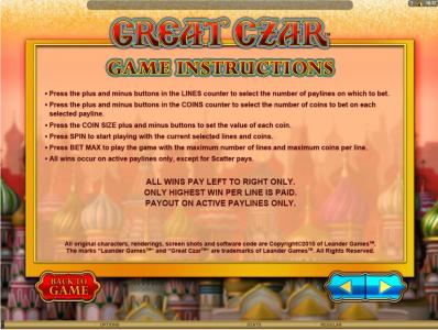 The Great Czar Slot Machine Game Instructions Screen