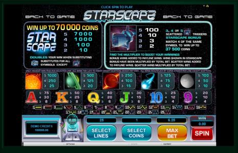 Starscape Slot Machine Paytable and Paylines Screen