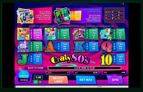 Crazy 80s Slot Machine Paytable and Paylines Screen