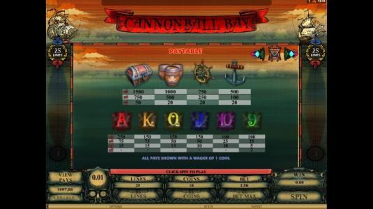 Cannonball Bay Slot Machine Paytable Screen