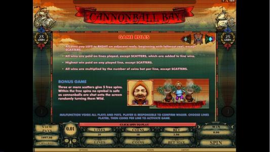Cannonball Bay Slot Machine Game Rules Screen