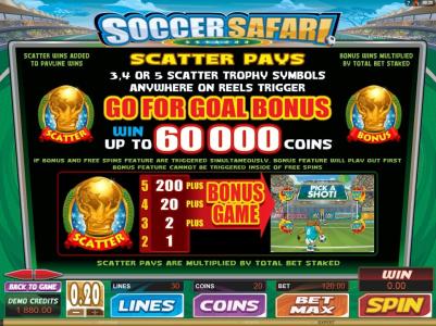 Soccer Safari Slot Machine Scatter Awards and Bonus Game Screen
