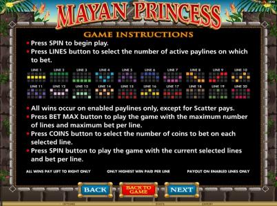 Mayan Princess Slot Machine Paylines Screen