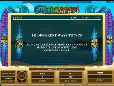 Surf Safari Slot Machine Paylines Screen