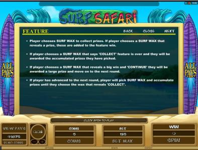 Surf Safari Slot Machine Feature Information Screen