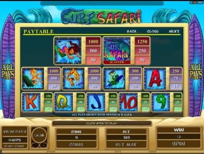 Surf Safari Slot Machine Paytable Screen