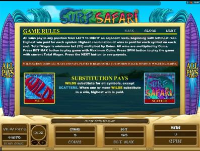 Surf Safari Slot Machine - Game Rules Screen