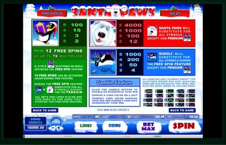 Santa Paws Slot Machine Paytable Screen