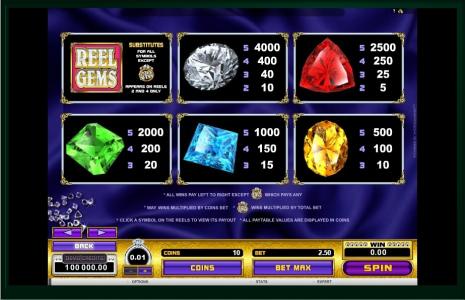 Reel Gems Slot Machine Paytable Screen