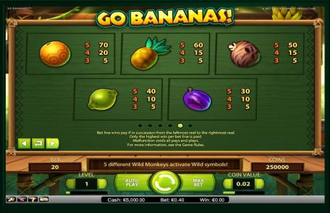 Go Bananas! Slot Machine Paytable Screen