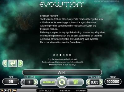 Evolution Slot Machine Feature Information Screen