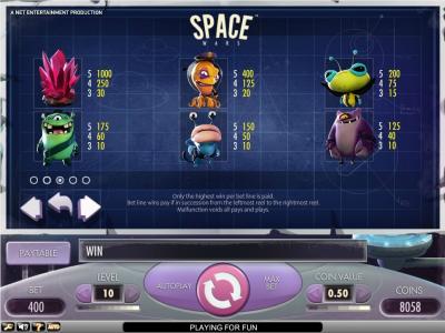 Space Wars Slot Machine Paytable Screen