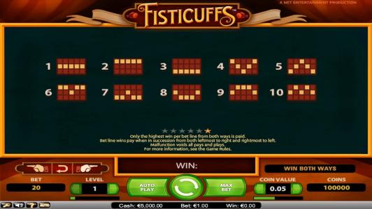 Fisticuffs Slot Machine Paylines Screen
