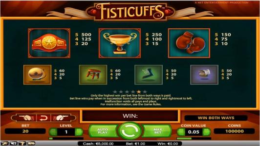 Fisticuffs Slot Machine Paytable Screen