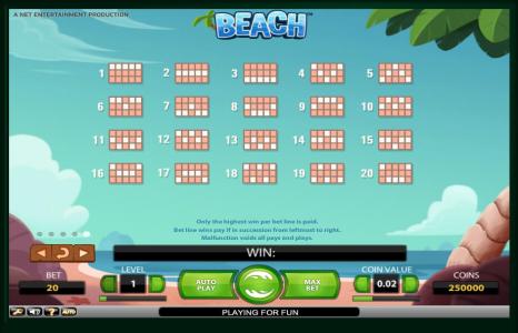 Beach Slot Machine Paylines Screen