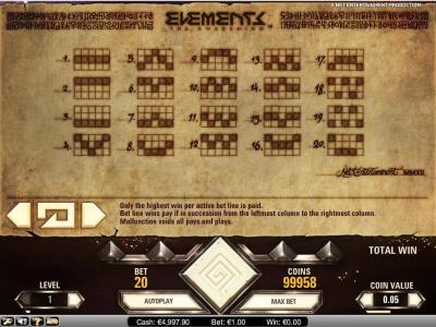 Elements The Awakening Slot Machine Paylines Screen