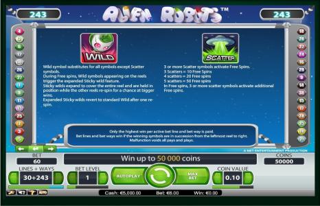 Alien Robots Slot Machine Scatter Awards and Wild Symbol Screen