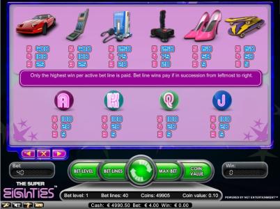 The Super Eighties Slot Machine Paytable Screen