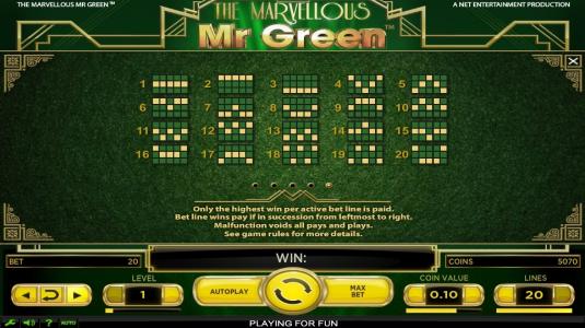 The Marvellous Mr Green Slot Machine Paylines Screen
