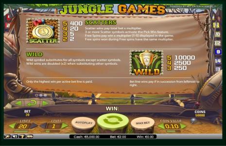 Jungle Games Slot Machine Scatter Awards and Wild Symbol Screen