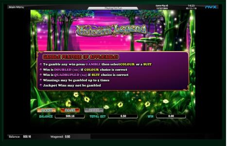 Unicorn Legend Slot Machine Gamble Feature Screen