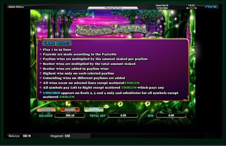 Unicorn Legend Slot Machine Game Rules Screen