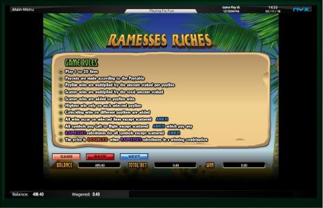 Ramesses Riches Slot Machine Game Rules Screen